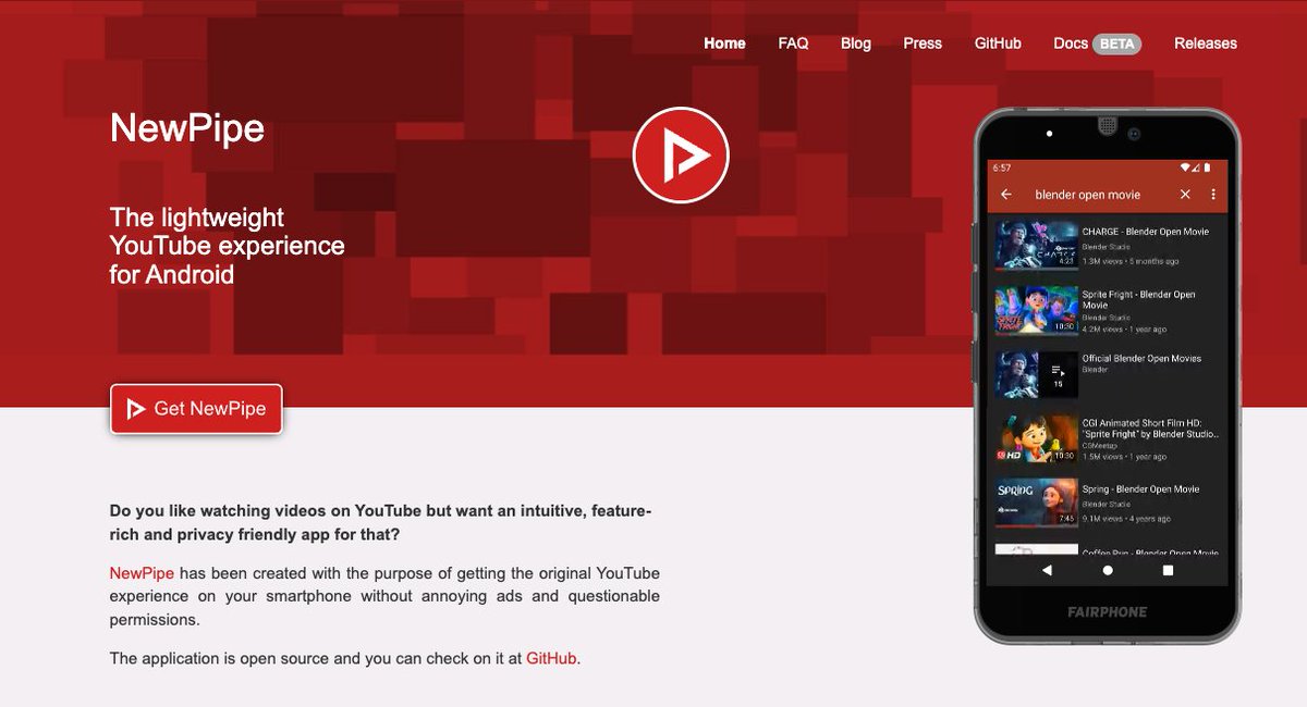 aiwithkhush's tweet photo. YouTube charges $14/month for Premium just to play videos in the background and skip ads.

A team of volunteers built a free app that does both, with no account and no Google tracking.

It's called NewPipe.

It's a full YouTube client for Android that strips out everything Google bolted on to make money off you.

→ No ads. None. The whole reason Premium exists, gone.
→ Background play and a floating popup player, free
→ Download any video, or just the audio, for offline use
→ Subscribe to channels with zero Google account required
→ No proprietary Google APIs and no tracking, everything stored on your device
→ Bonus: it also plays SoundCloud, Bandcamp, and PeerTube

Because it never talks to Google's APIs, it sips data and battery instead of draining them.

You won't find it on the Play Store. Google would never allow it. You get it from F-Droid, the open-source app catalogue.

25K stars. GPL 3.0. 100% Opensource.

https://t.co/wii9Mhs93k