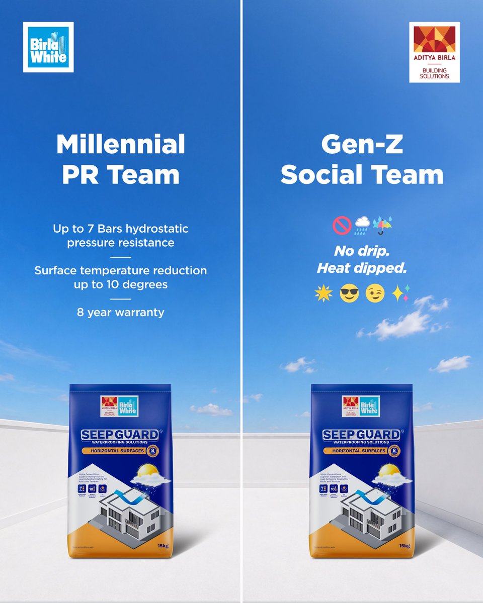 BirlaWhite's tweet photo. Millennials and Gen Z may say it differently, but they agree on one thing: the unmatched power of Birla White Seepguard Waterproofing Solutions! ๐โจ
#MillenialsvsGenZ #SeepGuard #Terraces #WaterproofingSolutions #BirlaWhiteKaWhiteCementAdvantage https://t.co/pE1ZPHm68h
