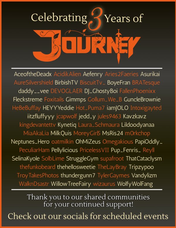 TeamJourney1's tweet photo. HAPPY 3-YEAR ANNIVERSARY @TeamJourney1 !!! What an amazing journey it's been so far! 65 of some of the absolute BEST content creators you'll ever see. Go give every single one of them a follow! https://t.co/uPAOk5ZbVM https://t.co/8GyY3Cd2kl