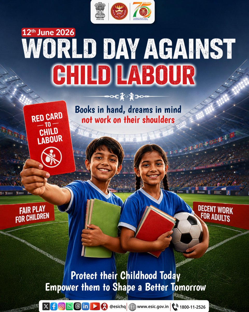 esichq's tweet photo. Every child deserves a classroom to learn in, a playground to grow in, and a future to dream about, not a workplace.

This #WorldDayAgainstChildLabour, let us give a Red Card to Child Labour and reaffirm our commitment to protecting childhood, promoting education and ensuring every child has the opportunity to learn, play and grow.

#RedCardToChildLabour #EndChildLabour #ESIC