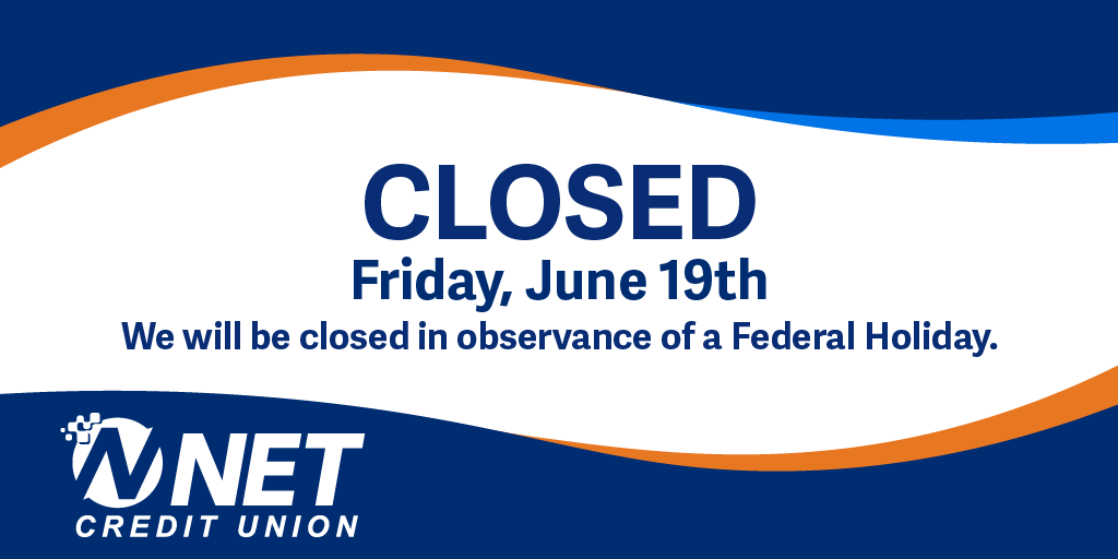 NETCreditUnion's tweet photo. We will be closed Friday, June 19th in observance of a Federal Holiday. 

As always, our Digital Services are available 24/7:
 💻Digital Banking
 📲Mobile App
 📱Phone Banking
 🏧ATM

Regular business hours will resume Saturday, June 20th. https://t.co/6URXYqhRji