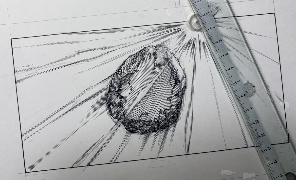 teamdraco4's tweet photo. まず岩を描いた後、
画鋲に定規を添えて逆光 https://t.co/5SQznM5dBm