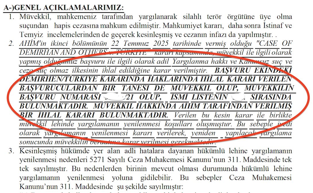 ufukyesil03's tweet photo. Dilekçeleri Okumuyorlar!

📍Biz AİHM kararlarını uygulamıyorlar diye eleştiriyoruz, ama mahkemeler dilekçeleri bile okumuyor! Bu nedenle, özellikle yeniden yeniden yargılama taleplerine; hakkınızda AİHM'in ihlal kararı verdiğini, karara ekli listede isminizin kaçıncı sırada yer aldığını ve kararın Türkçe çevirisini mutlaka ekleyin. 

✅Görseldeki kararlardan da anlaşılacağı üzere, yeniden yargılama talepli dilekçeyi okumayan ağır ceza mahkemesi, başvurucu hakkında AİHM'in ihlal kararı vermediğini söyleyerek talebi reddetmiş, itiraz dilekçesinde bu husus özellikle belirtilmesine rağmen, itiraz dilekçesini okumayan C. savcısı talebin reddi mütalaasında bulunmuş ve itiraz dilekçesini yerine C. savcısının mütalaasını okuyan diğer ağır ceza mahkemesi de talebi reddetmiştir.

📌AİHM'in ihlal kararı sonrası yapılacak yeniden yargılama taleplerinde kullanılmak üzere her bir karar için ayrı ayrı hazırlanana ve Yasak/Türkiye Büyük Daire kararından sonra güncellenen dilekçe örneklerine ve bu kararların Türkçe çevirisine şu bağlatından ulaşabilirsiniz:

🔗https://t.co/ryiHpWGFvF

📌 Yeniden yargılama taleplerinin hukuka aykırı şekilde reddi halinde AYM'ye yapılacak başvurularda kullanılmak üzere hazırlanan örnek başvuru formu ve bu durumu Avrupa Konseyi Bakanlar Komitesi'ne (dgi-execution@coe.int mail adresine) bildirmek için hazırlanan metne şu bağlantıdan ulaşabilirsiniz: 

🔗https://t.co/5LORmaumI4