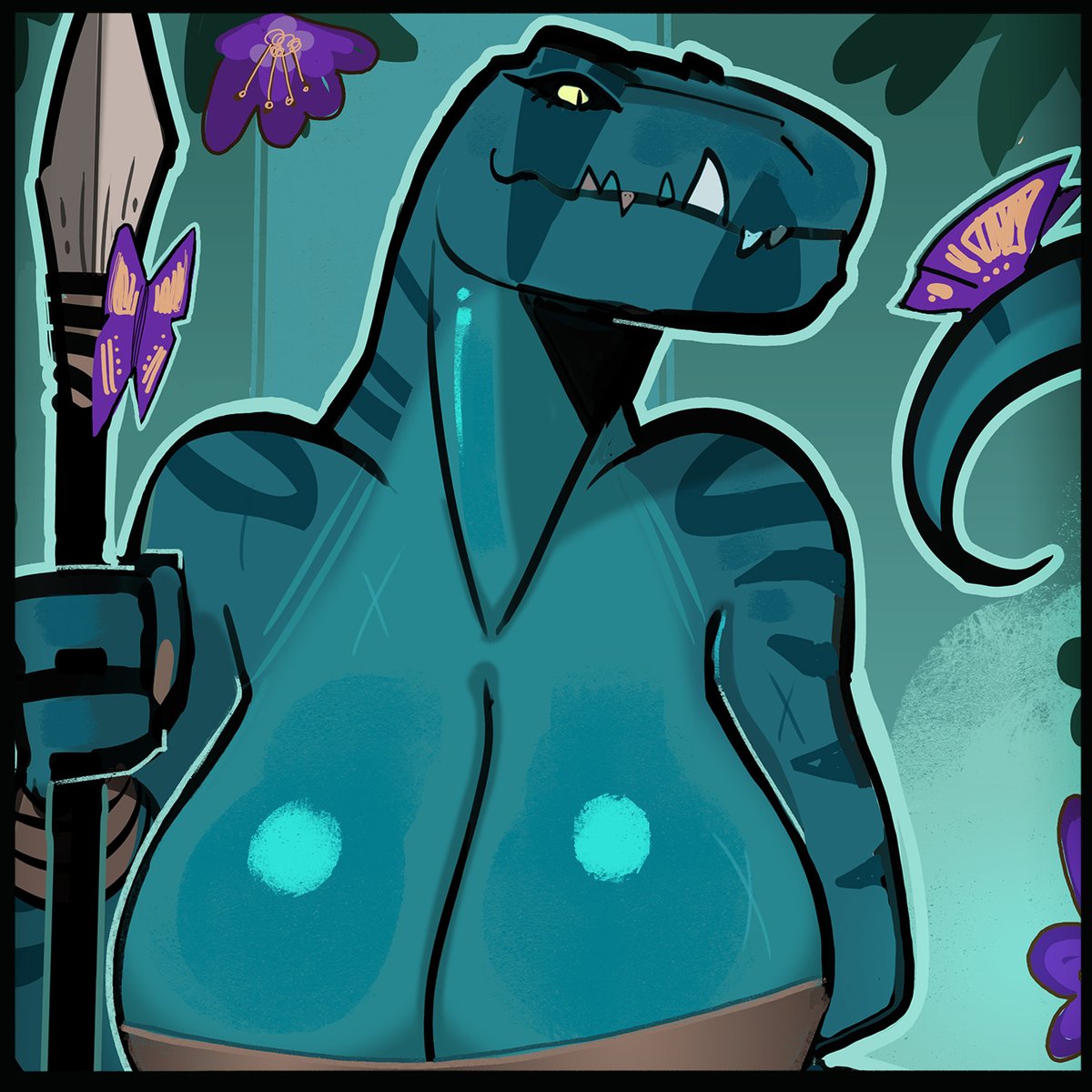JackGhigo's tweet photo. Who said a T‑rex can’t be cute and gentle?
Everything she hasn’t eaten yet 🥩🥩🥩
Fang from #Primal pretending to be wholesome for five minutes
#monstergirl #dinosaurart #scalie #creaturedesign https://t.co/EN2oOH4ZOh