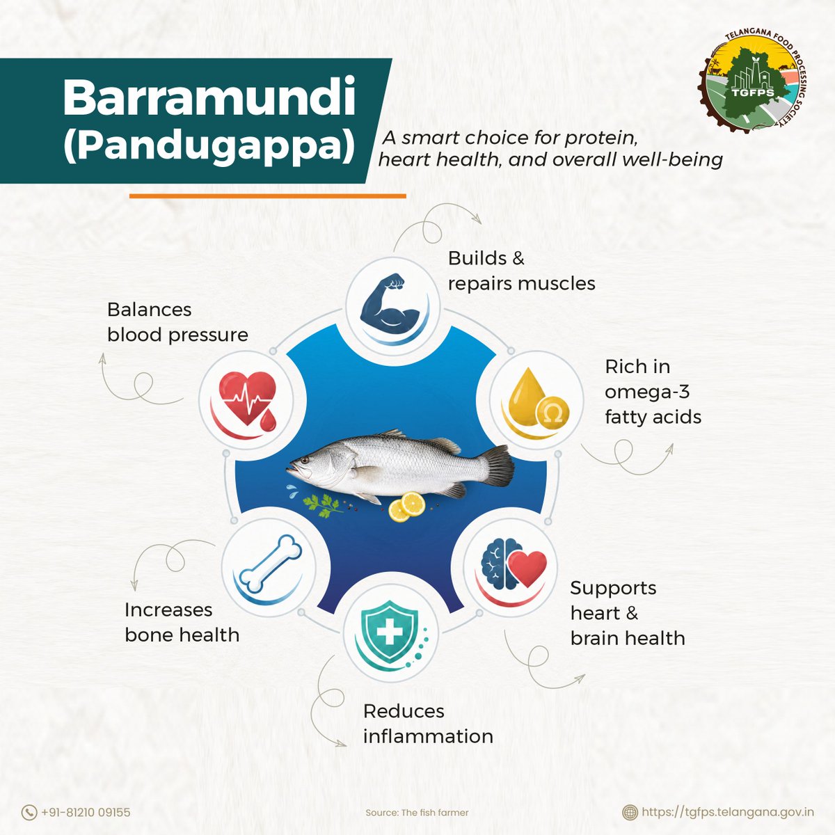 Telangana_FPS's tweet photo. A healthy diet starts with nutrient-rich food choices!
Barramundi (Pandugappa) is valued for its protein content, omega-3 fatty acids, and its role in supporting overall health and nutrition.
#Barramundi #SeafoodLovers #ProteinGoals #SeafoodLovers #ProteinGoals #HealthyLiving #FoodAndNutrition #NutritiousFood #TGFPS #FoodProcessing
