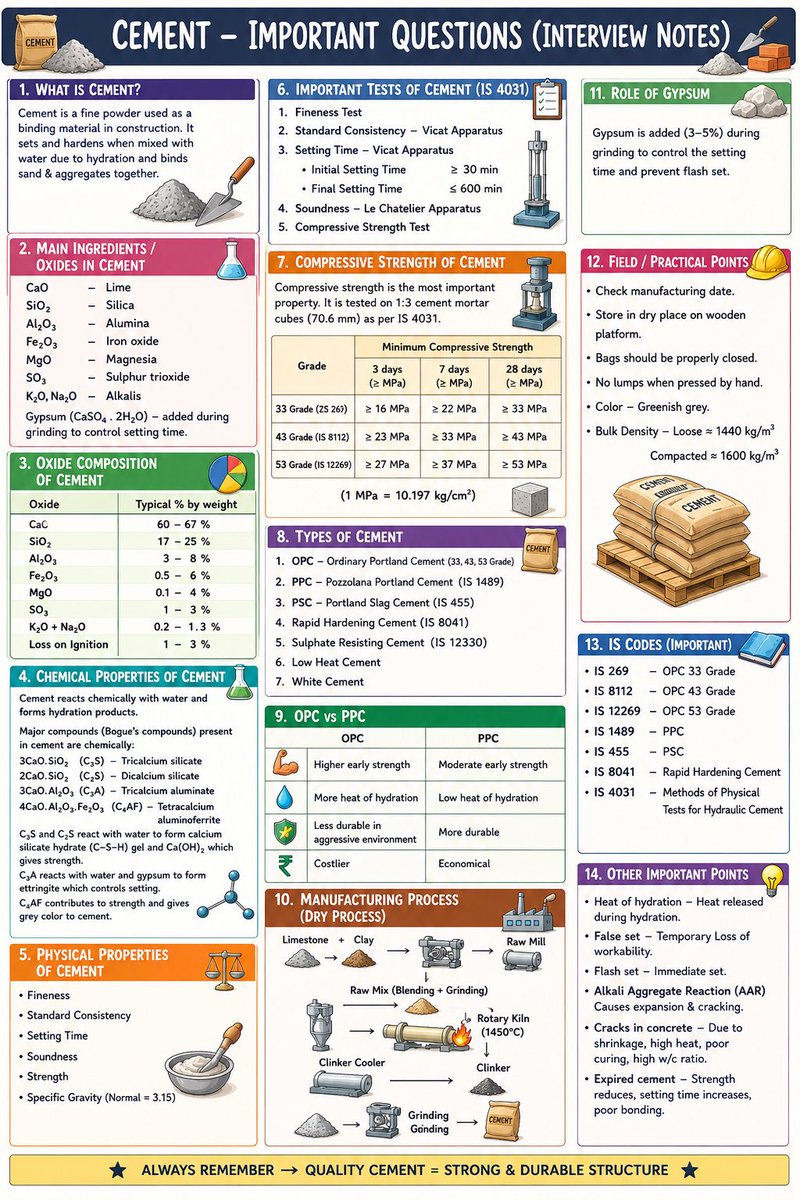 lawal_dahiru's tweet photo. Essential details on Cement
Cement is a fine powder used as a sinding material in construction. It sets and hardens when mixed with water due to hydration and binds sand, aggregates together.
Related Hashtag :
#CivilEngineering #RCCBeam
#BeamReinforcement #RebarDetailing #StructuralEngineering
#ConcreteConstruction #ConstructionSite
#ReinforcementDetailing #Formwork #BuildingConstruction #SiteEngineering #ConcreteBeam #EngineeringEducation #SteelReinforcement #ConstructionDetailing