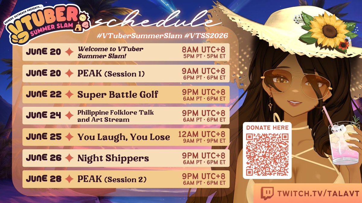 talavt_'s tweet photo. ｡;+★ 𝑺𝑻𝑹𝑬𝑨𝑴 𝑺𝑪𝑯𝑬𝑫𝑼𝑳𝑬 ☆+;｡

Just ONE MORE WEEK before #VTuberSummerSlam officially starts! I'm representing Team Sunny and helping bring joy to kids in hospitals with some fun collabs! 🔆✨

#VTSS2026 @GamersOutreach

TILTIFY PAGE BELOW ⤵ https://t.co/0jWl1ft7SF