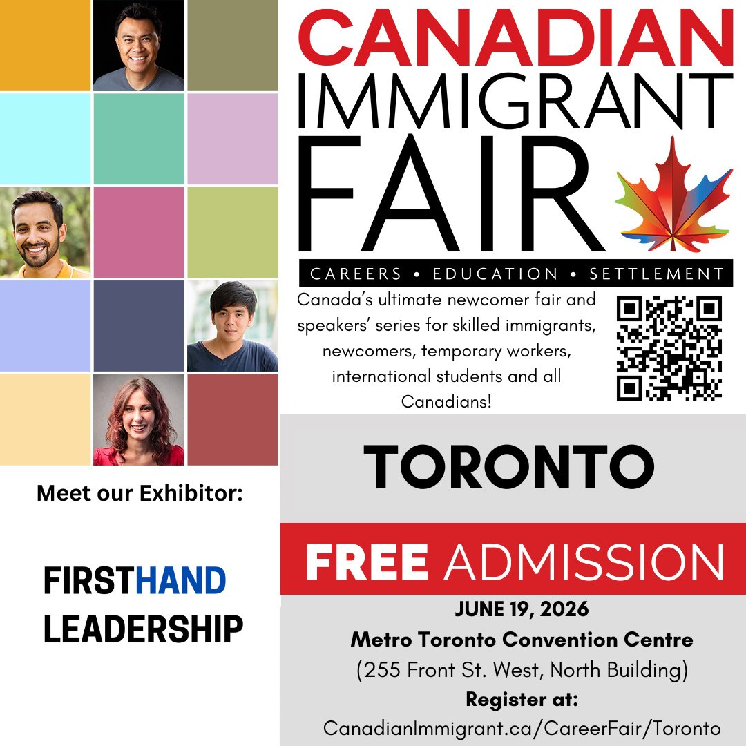 canimmigrant's tweet photo. The Canadian Immigrant Fair returns to Toronto on June 19th at the Metro Toronto Convention Centre, North Building (255 Front St W).  

Meet our Exhibitor, Firsthand Leadership!

Firsthand Leadership places value on constructive learning through shared agreements, expectations and goals. With a focus on creating safe, supportive and challenging learning environments, participants achieve new ways of thinking to grow and problem-solve in a complex and uncertain world.

Space is limited, so register today and join us from 10 AM to 3 PM! Everyone is welcome! https://t.co/u1a2dObRFn
#YYZ #Toronto #Immigration #Newcomer #CareerFair #CdnImm