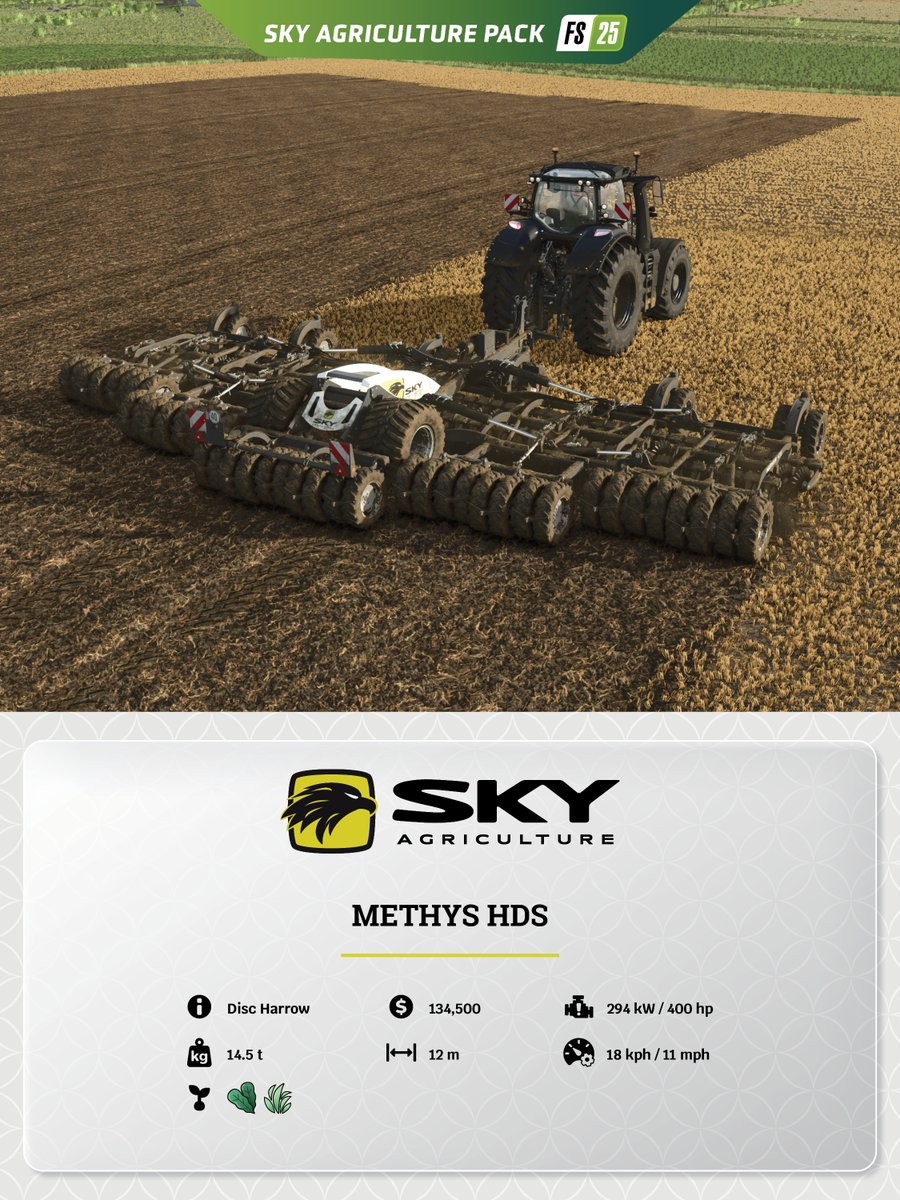 farmingsim's tweet photo. Factsheet Friday is back for round two! 🚜
The SKY Agriculture Pack brings even more power for fieldwork and seeding. Today’s spotlight: the HR 300 (4M) + PROGRESS P100 &amp; METHYS HDS. 🌱

Check our blog for more info! 👇
🔗 https://t.co/F252MoO4PI https://t.co/VVmVfrJqLQ