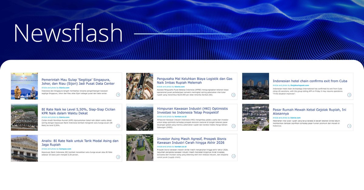 ColliersIDN's tweet photo. Short on time but need to stay informed? Colliers Newsflash brings you a weekly snapshot of Indonesia’s property news, from market trends to regulatory developments, that matters most in Indonesia’s property sector. Read here: https://t.co/Ix6VG0tgsQ

#ColliersIndonesia https://t.co/P2vYlBafpY