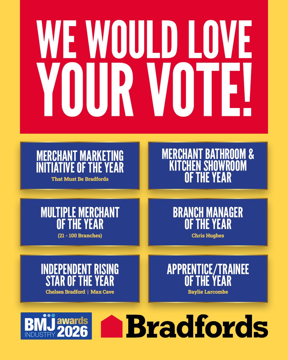 Bradfords_Build's tweet photo. We're proud to announce that we've been shortlisted in multiple categories at this year's BMJ Industry Awards. If you’re a customer, supplier, or partner who believes we’ve made a positive impact, we’d truly appreciate your vote.

Voting link here: https://t.co/QQUBIZIyhF https://t.co/bLt2xNLCCn