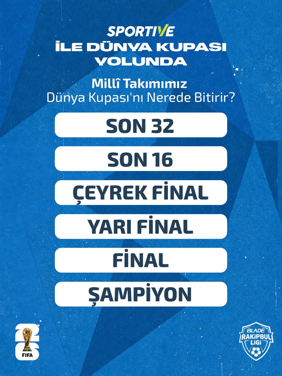 Rakipbulcom's tweet photo. 🌍🇹🇷 Dünya Kupası heyecanı başladı!

Millî Takımımız sizce nereye kadar gider? 🤔

🏆 Grupta elenir
🏆 Son 32
🏆 Son 16
🏆 Çeyrek final
🏆 Yarı final
🏆 Final
Tahminini yorumlara yaz! 🔥⚽
🇹🇷 Başarılar Millî Takımımıza!
#MilliTakım #DünyaKupası #Sportive  #bizimçocuklar https://t.co/HSWTK4LR6n