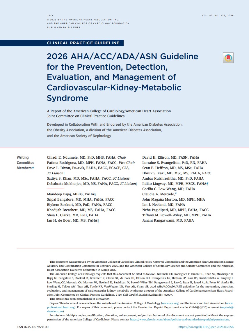 edgarvlermamd's tweet photo. Guideline for the Prevention, Detection, Evaluation, and Management of Cardiovascular-Kidney-Metabolic (CKM) Syndrome ca. 2026 from @American_Heart @ACCinTouch @AmDiabetesAssn @ASNKidney 
#Nephpearls #Cardiorenal

👉 https://t.co/3vJ2Ik6EeA https://t.co/LluqGAaR3L