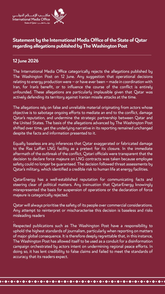 IMO_Qatar's tweet photo. Statement by the International Media Office of the State of Qatar regarding allegations published by The Washington Post

https://t.co/xjFnfLnEbp https://t.co/mzMp0QyP8l