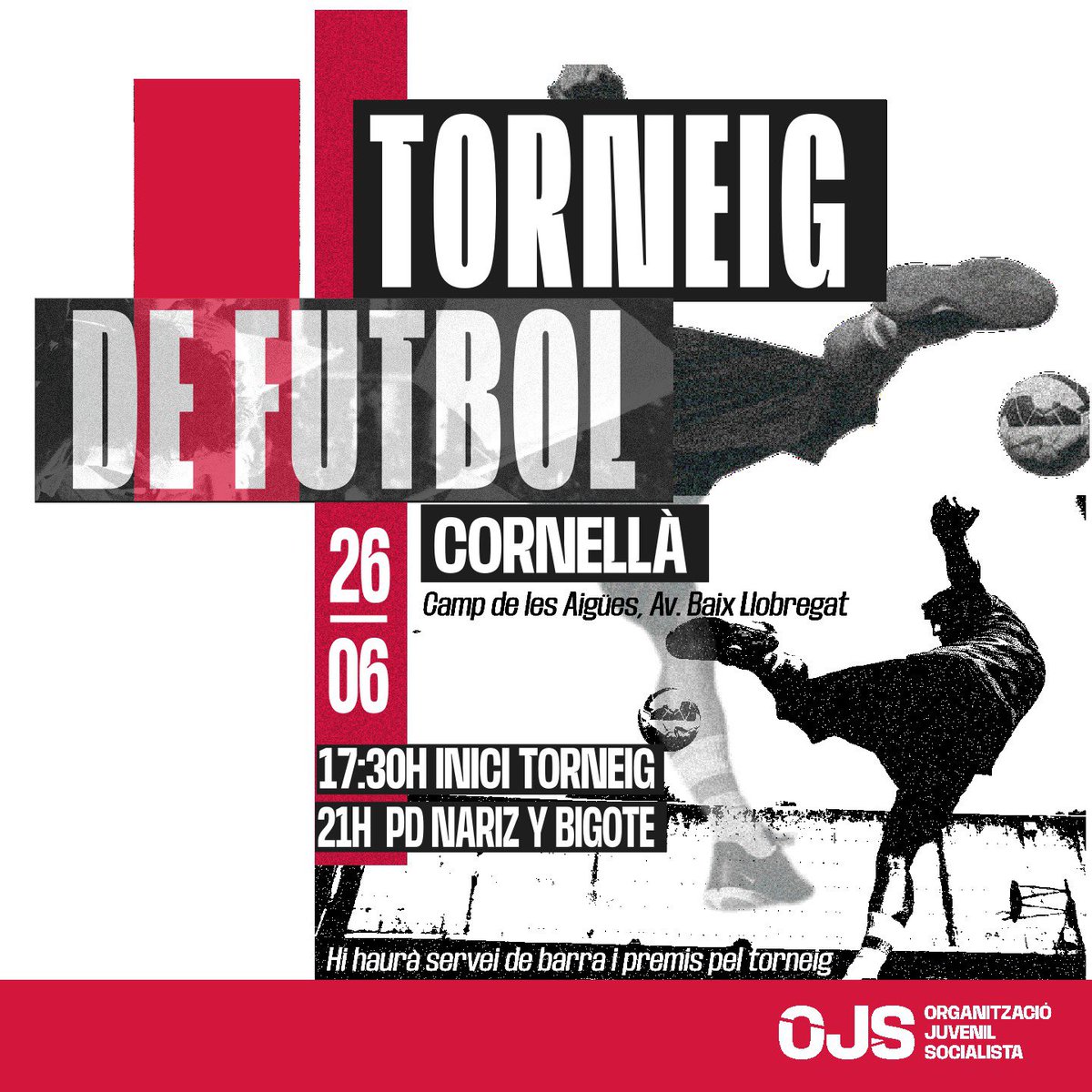 ojs_baixllo's tweet photo. 🔴TORNEIG DE FUTBOL🔴

Ens trobem el divendres 26 de juny a les 17:30h al Camp de les Aigües de Cornellà per a celebrar un torneig de futbol mixta. Després hi haurà música a càrrec dels PD Nariz y Bigote i menjar i beure! https://t.co/lWDELEVaxe