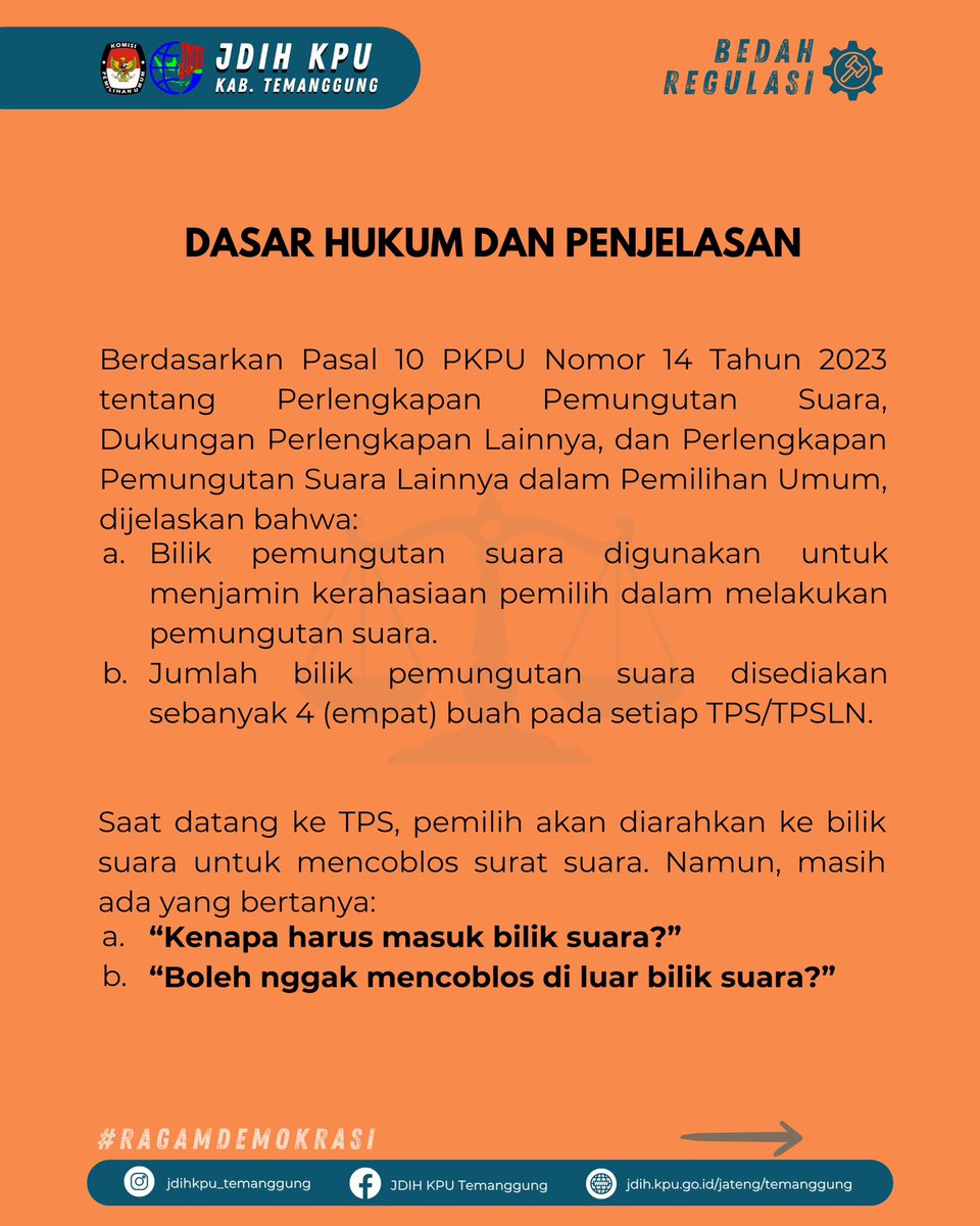 kputmg's tweet photo. Halo #sobatjdih dan #TemanPemilih!

Tahukah kalian?

Banyak masyarakat yang masih bertanya, mengapa saat Pemilihan di TPS kita harus masuk ke Bilik Suara?

Yuk, simak penjelasan lengkapnya di konten Bedah Regulasi kali ini😊

#kputemanggung
#kpumelayani
#jdihkputemanggung https://t.co/a9fXBn0LhA