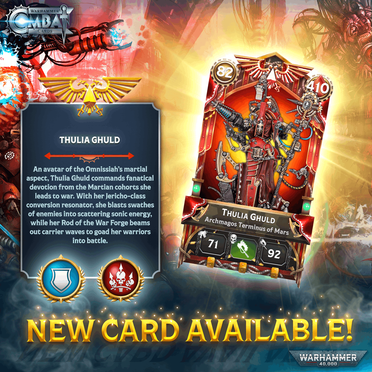 combat_cards's tweet photo. The will of Mars marches to war.

Supreme Commander Thulia Ghuld, Archmagos Terminus of Mars, arrives in Combat Cards! 

Will you add this formidable servant of the Machine God to your collection? https://t.co/PpIbHh9I0M