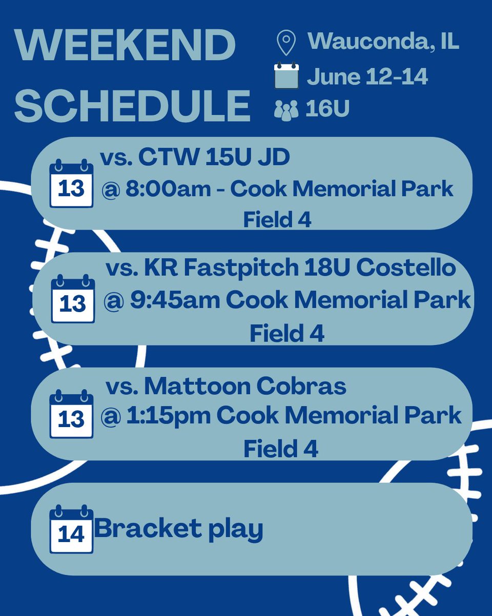 BiglerBlitz16u's tweet photo. This weekends schedule at the PGF More than a Game Northern ICE Summer Celebration in Wauconda, IL @Blitz_Fastpitch @BiglerSports https://t.co/LEnNPZTDjr