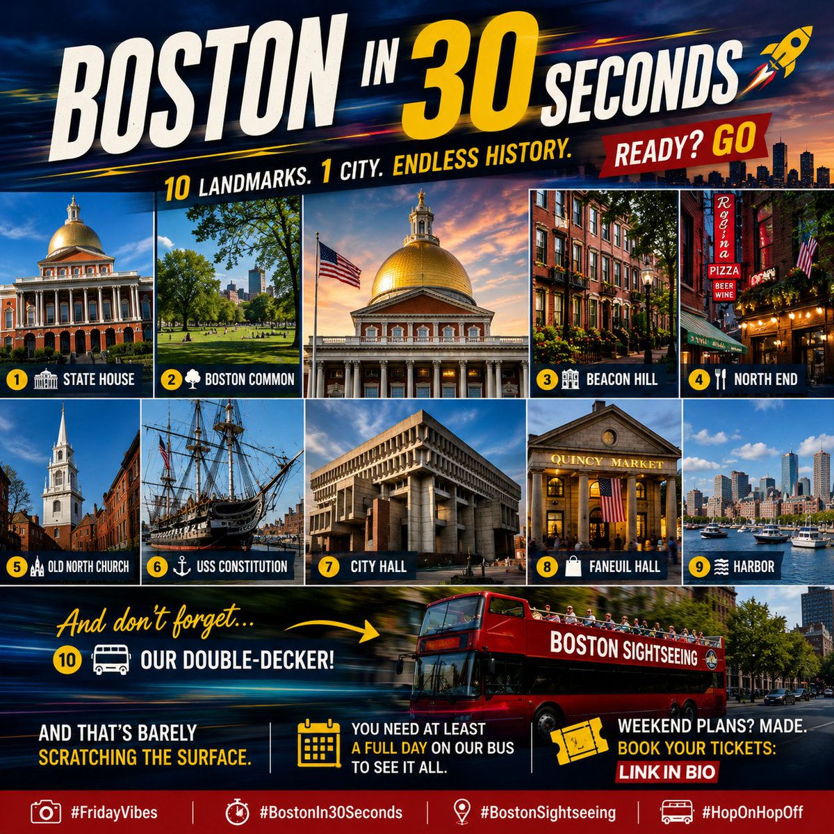 BostonSightsee's tweet photo. Happy Friday! 🎉 The top deck is calling and the weather is incredible. What are your Boston weekend plans? 🚌☀️ #FridayVibes #BostonSightseeing https://t.co/Oj2vYSEXiQ