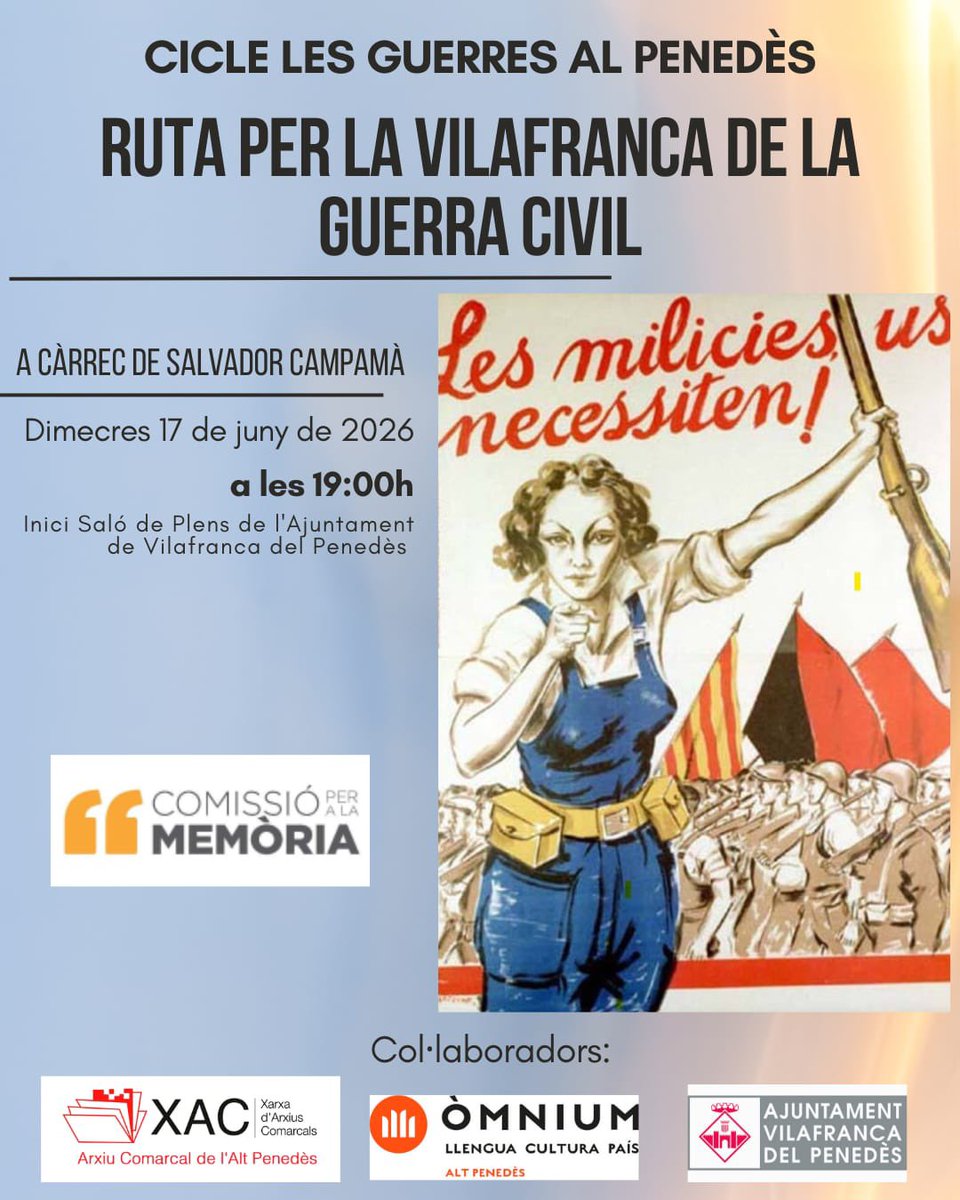 ComissioMemoria's tweet photo. Aquest dimecres 17 no et perdis la NOVA ruta històrica per la Vilafranca de la Guerra Civil amb el @SalvadorCampama 

Comencem al Saló de plens de l’Ajuntament.

#Vilafranca https://t.co/vSV7Q8inBy