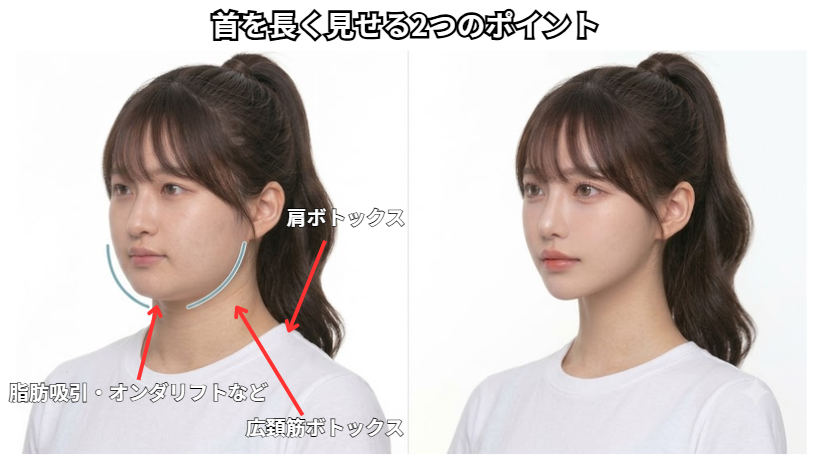 yuchi_official's tweet photo. 垢抜けで見落としがちなのが、実は「首の長さ」の存在。

首を長く見せる鍵は「顎下」と「肩」の2つって思う。

①顎下（首と顔の境界線をハッキリさせる）
・皮下脂肪が厚い
→脂肪吸引、オンダリフト、インモードミニなど
・広頚筋が張っている
→広頚筋ボト（口を「イー」ってした時に首に縦筋が入る人がいいみたい）

②肩（盛り上がったボリュームを減らす）
→肩ボトックス（量の調節がめっちゃ大事。入れすぎるとダルくなるし、少ないと変化ないって聞く）

顎下と肩のボリュームを削って「首という余白」を大きくすると全体のプロポーションが垢抜けるって感じする。

（最終判断は必ず担当者へ）