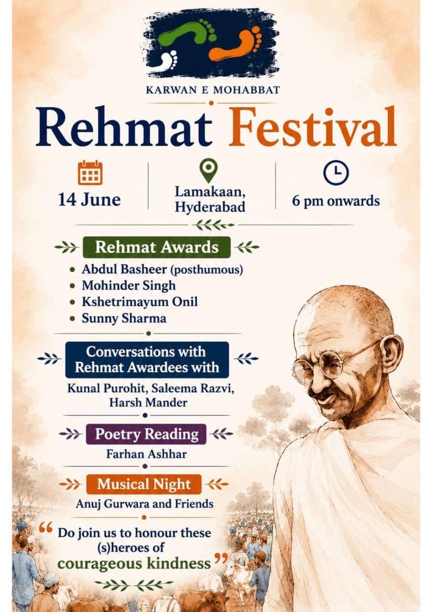 karwanemohabbat's tweet photo. 1st Rehmat Festival

To honor people who displayed extraordinary courage in saving lives of persons of other communities during communal conflicts and crisis. 
Come to celebrate courage &amp; kindness.

13 &amp; 14 June, 
6 PM Lamakaan, Hyderabad
#RehmatHeroes #RehmatFestival #Karwan https://t.co/oGhOJ52Ti9