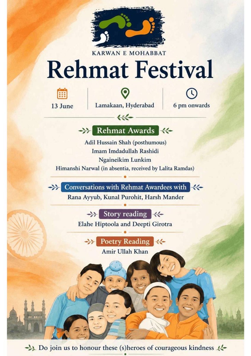 karwanemohabbat's tweet photo. 1st Rehmat Festival

To honor people who displayed extraordinary courage in saving lives of persons of other communities during communal conflicts and crisis. 
Come to celebrate courage &amp; kindness.

13 &amp; 14 June, 
6 PM Lamakaan, Hyderabad
#RehmatHeroes #RehmatFestival #Karwan https://t.co/oGhOJ52Ti9