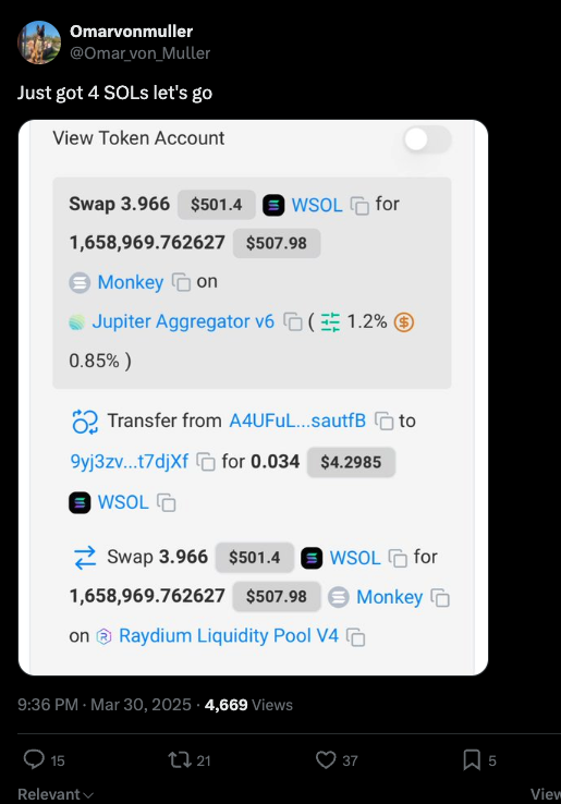 MonkeyOnPump's tweet photo. Here is proof of Omar's wallet

A4UFuLPi18FLcVCifqF7YK6QWpn5yRQf2VCe5jsautfB

100% of the creator rewards for $Monkey are being sent to Omar!🐾🫡 https://t.co/6HCBNOu47O