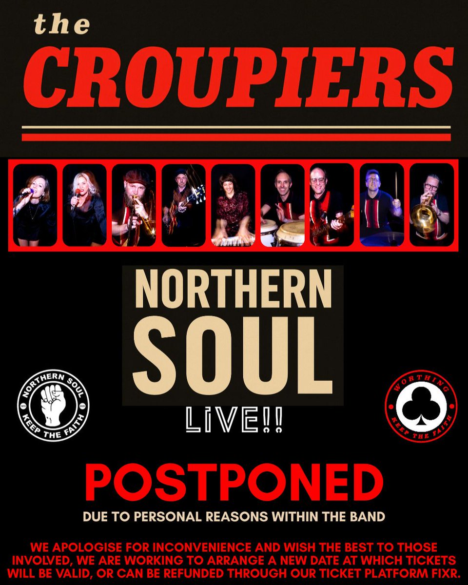 FactoryLiveUK's tweet photo. Due to personal reasons The Croupiers are unable to perform tonight.

We greatly apologise for the inconvenience and timing of this announcement which was unavoidable.

We would like to wish the best to those involved. For a full statement please read our Facebook or Instagram. https://t.co/B2OLxUSg1c