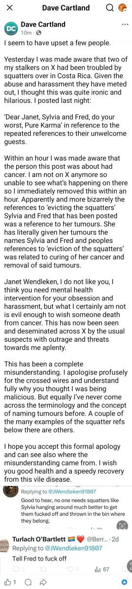 Lefties_Lie's tweet photo. No you lying scum bag, we don't accept your apology.  You knew damn well what it was about as you and your pond life trash followers like the vile Trasha Turner stalk Janet on every platform. I stand by, and meant every word in my posts that got reported as Cartland will find out https://t.co/BScnI1Yvkg