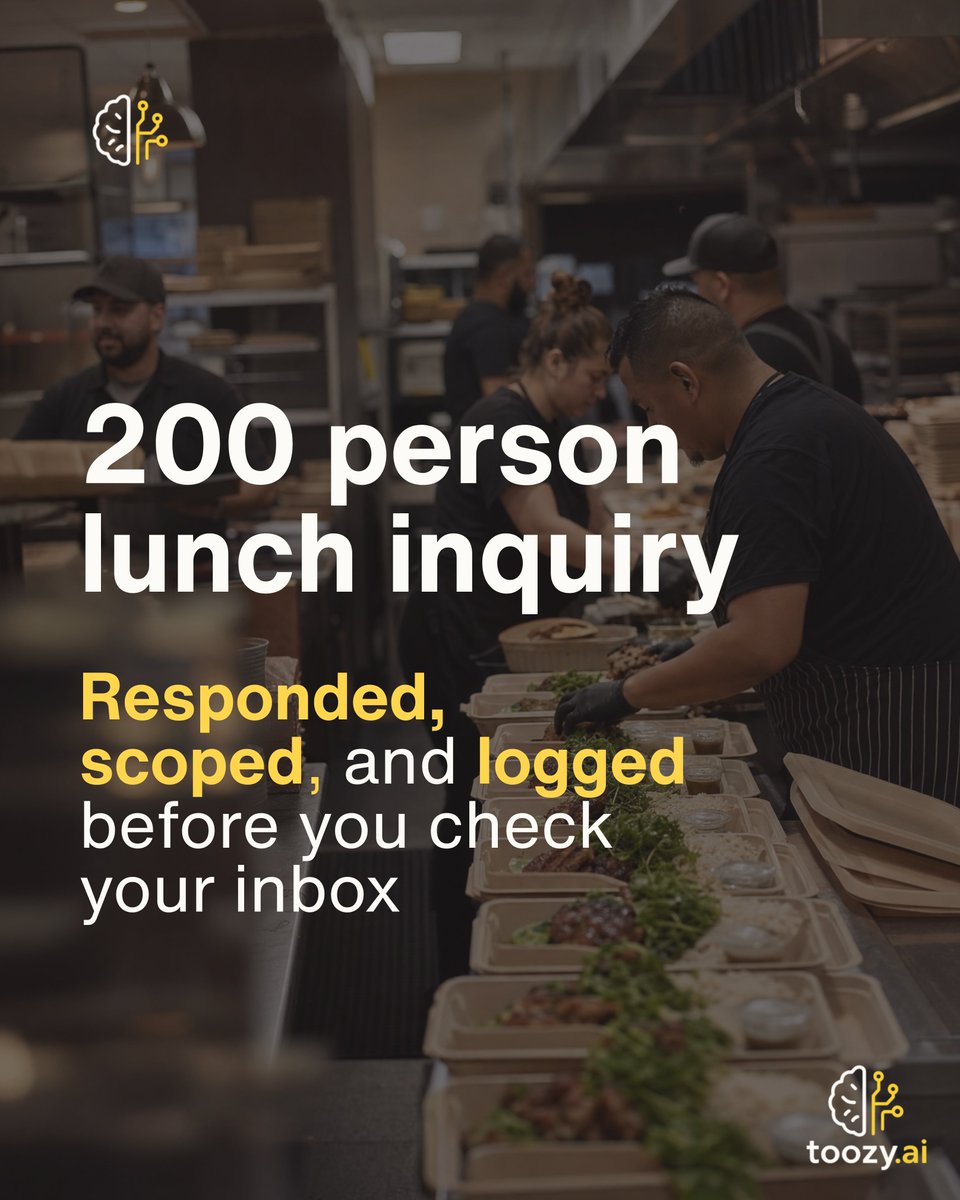 toozyai's tweet photo. A 200 person lunch inquiry comes in.

Handled in minutes.

Responded. Scoped. Logged.

No chasing. No back and forth. No admin days.

The final call? Always yours.

https://t.co/lqcPe9s3xN 

#Catering #AIOps https://t.co/xwnIGTx3gm
