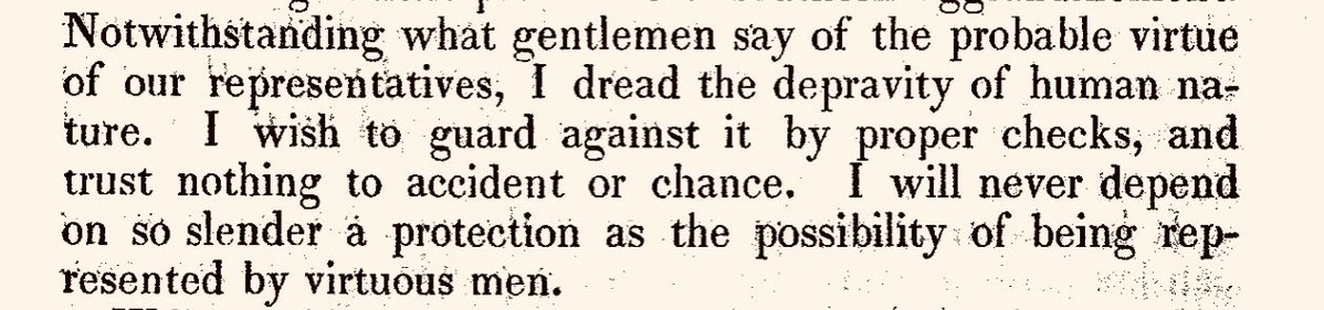 d3bach's tweet photo. 12 June 1788:  “...I dread the depravity of human nature. I wish to guard against it by proper checks.... I will never depend on so slender a protection as the possibility of being represented by virtuous men.” #PatrickHenry, speech in Virginia Ratifying Convention.

#HumanNature https://t.co/06nXPhyM8l
