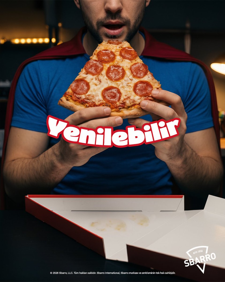 SbarroTR's tweet photo. En süper özelliği, tek başına süper lezzetli ve süper doyurucu! 🦸🏻 ☄️ En sevilen özelliği de yenilebilir olması… 😋
#SbarroTürkiye #HayatınEnLezzetliDilimi https://t.co/oZcvSc37aI