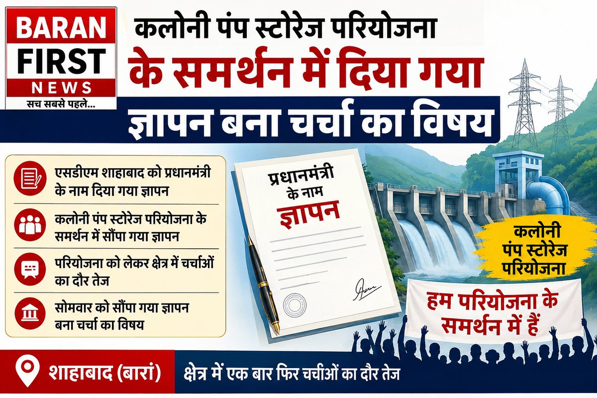 BaranFirstNews's tweet photo. कलोनी पंप स्टोरेज परियोजना: समर्थन में दिया गया ज्ञापन बना चर्चा का केंद्र BaranFirstNews
#Shahabad
#Baran #ColonyPumpStorageProject
#HydroPowerProject #GreenEnergy
#RajasthanNews #BreakingNews
#ShahabadNews #BaranUpdates
#PublicDiscussion #DevelopmentVsEnvironment
#LocalNews https://t.co/1ghz9fibnT