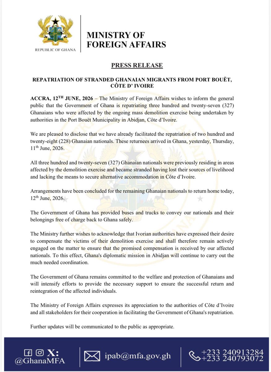 PatrioticMedia1's tweet photo. COTE D'IVOIRE: GHANAIAN VICTIMS OF XENOPHOBIA REPATRIATED 
The Ghanaian government has evacuated 327 citizens from Cote d'Ivoire following the demolition of their homes and businesses by the Ivorian authorities. https://t.co/THURU1Q1tO
