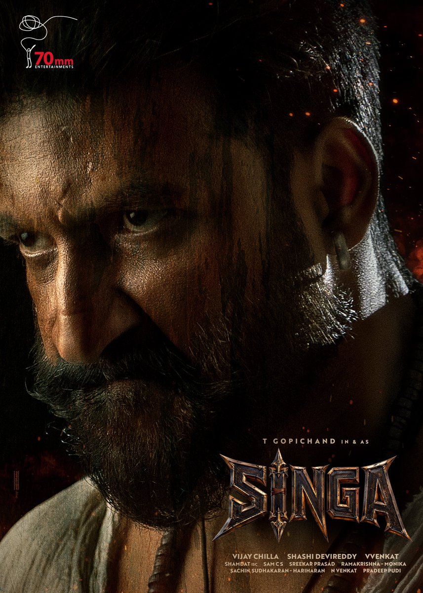 70mmEntertains's tweet photo. When the wild is wounded,
he becomes its fury. 🦁
When the sacred is threatened,
he becomes its shield. ⚔️

TGopichand#34 is #SINGA ❤️‍🔥

Wishing Macho Star @YoursGopichand a very Happy Birthday. ✨

Presenting the Title Glimpse of #Singa 💥
🔗 https://t.co/I4IkxOKwDW

Macho Star @YoursGopichand x @vvaction831 x @70mmentertains 🔥

@VijayChilla @devireddyshashi #AnarkaliNazar @Shamdatdop @SamCSmusic @sreekar_prasad #Ramakrishna #Monika @sach135 @typerdurden_sync @synccinema @MangoMassMedia @UrsVamsiShekar