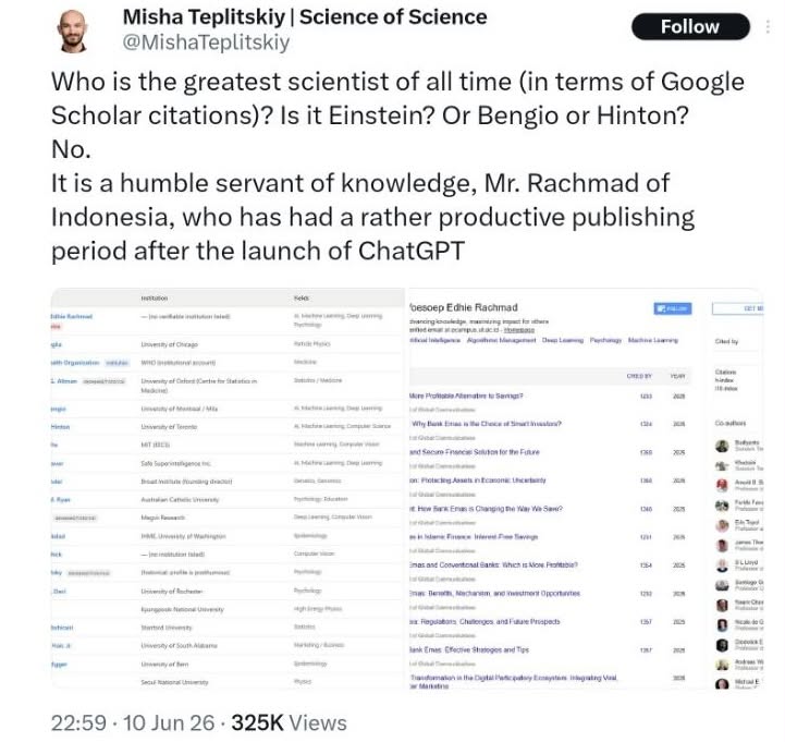 syfaeth's tweet photo. Pemilik ranking paling tinggi di dunia Google Scholar bukan dari Harvard. Bukan pula dari Stanford.
Tapi seorang warga Indonesia bernama YE Rachmad yang secara performa Google Scholar dahsyat.
Einsten saja pasti sungkem sama produktifnya ybs.

cc : sarjokooo https://t.co/FrCQ0qiPIv