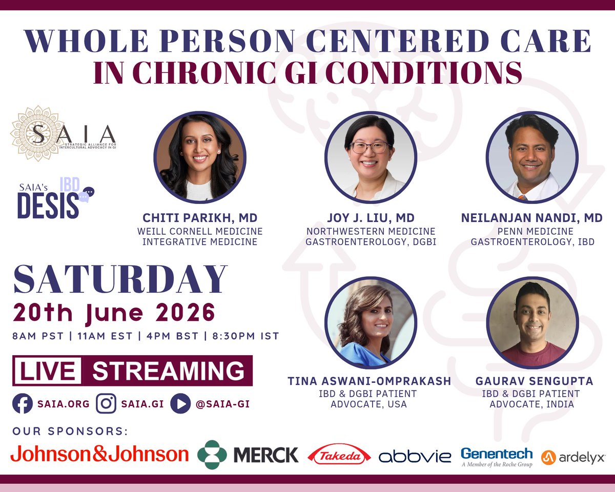 saia_gi's tweet photo. We are proud to host a key webinar, Whole Person Centered Care in Chronic GI Conditions 🙌🏽

 Join @FITWITMD @ownyourcrohns @joytorious12 @cparikhmd & #GauravSengupta as they discuss holistic approaches to #GI care 💥

Tune in Sat June 20th on SAIA’s FB (https://t.co/xv3HcyyCzk), IG (https://t.co/fiK3dgxlzh) & YouTube (saia-GI)!