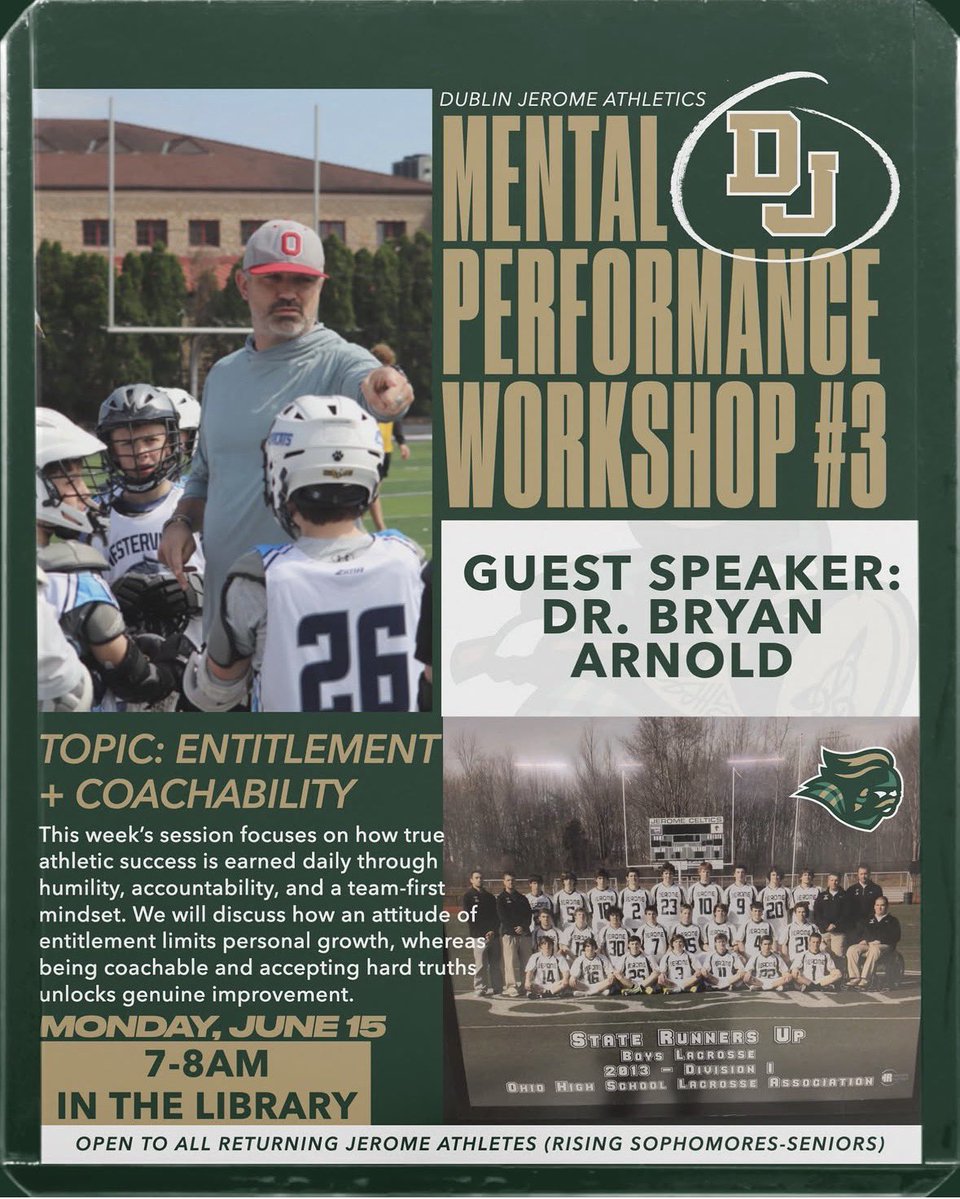 jeromeceltics's tweet photo. 🚨MENTAL PERFORMANCE MONDAY🚨

📅WHEN: Monday, June 15

⏰TIME: 7:00 AM - 8:00 AM

📚WHERE: The Library

👥WHO: Open to all returning Jerome athletes (Rising Sophomores–Seniors)

🗣️Entitlement &amp; Coachability with Guest speaker Dr. Bryan Arnold! https://t.co/R4kYFn7IP5