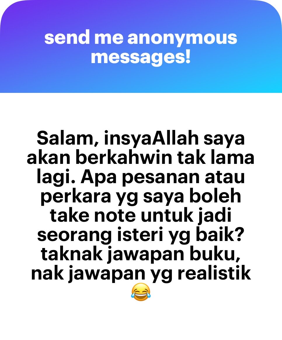 Cukifdesu's tweet photo. Waalaikumussalam, tahniah ! Moga Allah memberkati pernikahan kalian.

Isteri yang baik tak lain tak bukan Rasulullah ﷺ dah pun berikan dan ianya sangat realistik.

1) Jaga solat fardhu.
2) Puasa penuh selagi tidak uzur.
3) Jaga maruah diri (menutup aurat dan tidak tabarruj melainkan untuk suami).
4) Taat kepada suami dalam perkara yang ma’ruf.

Jika awak ada berbeza pendapat dengan suami, tengok youtube belajar seni mengemukakan pandangan awak.

Belajar seni cara meminta tolong pada suami.

Paling kritikal adalah tidak kufur dengan nikmat yang suami beri. Inilah punca utama ramai perempuan masuk neraka.