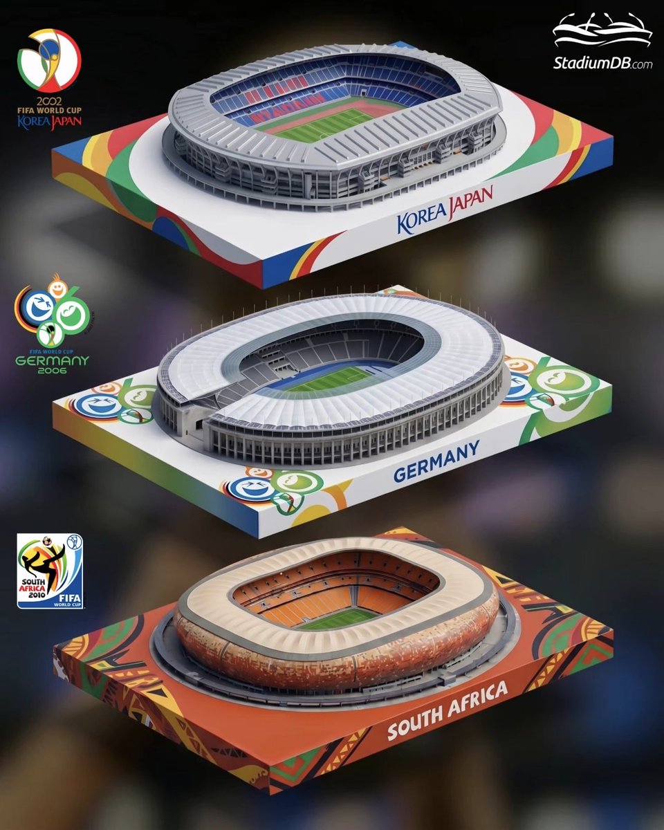 StadiumDB's tweet photo. 🌎🏆WORLD CUP IN 21st CENTURY: 2002-2034

🏟️ From Yokohama 2002 to Saudi Arabia 2034 — the World Cup final stage keeps changing, but the pressure stays the same.

🇯🇵 2002: International Stadium Yokohama saw Brazil beat Germany and win their fifth star, with Ronaldo writing his redemption story.

🇩🇪 2006: Olympiastadion Berlin became the scene of Italy’s penalty shootout triumph over France — and one of the most dramatic finals ever.

🇿🇦 2010: Soccer City in Johannesburg gave Africa its first World Cup final, finished by Iniesta’s extra-time goal for Spain.

🇧🇷 2014: The Maracanã hosted another historic night as Germany beat Argentina through Mario Götze’s late winner.

🇷🇺 2018: Luzhniki Stadium in Moscow crowned France after a 4–2 final against Croatia.

🇶🇦 2022: Lusail Stadium gave us Messi, Mbappé and one of the greatest finals football has ever seen.

🇺🇸 2026: New York/New Jersey Stadium will host the first final of the expanded 48-team World Cup.

🇪🇸🇵🇹🇲🇦 2030: Spain, Portugal and Morocco will host a centenary World Cup — but the final venue is still the big question.

🇸🇦 2034: Saudi Arabia is preparing a new era, with King Salman International Stadium expected to become the final stage in Riyadh.

#fifaworldcup #worldcup2026