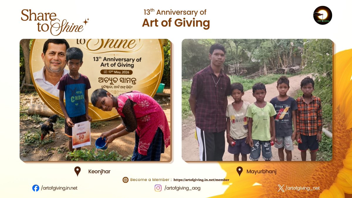 artofgiving_net's tweet photo. At Mayurbhanj, Khordha, Keonjhar, Rayagada, Subarnapur, Cuttack, Kandhamal, and Balangir, Ms. Basudha Singh, Ms. Chinmayee Pradhan, Ms. Jasmi Majhi, Mr. Gopabandu Naik, Ms. Niralinabanita Singh, Ms. Puja Hembram, Mr. Akash Sabar, Ms. Punam Murmu, Mr. Baidyanath Bhue, Ms. Nirupama Naik, Dr. Rebati Kanta Mishra, Mr. Sowmy Kanta Ray, Ms. Supriya Patnaik, Ms. Kirti Kumburuka, Ms. Sanskruti Hansdah, Mr. Manoj Pattanayak, Ms. Devi Munda, Ms. Sitamani Hansdah, Ms. Ishika Pradhan, Ms. Chandamani Munda became a part of the 13th International Day of Art of Giving through the “Share to Shine” initiative, helping promote the values of compassion, togetherness and collective joy.