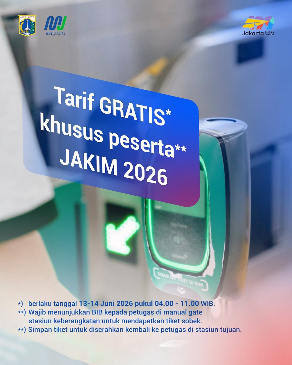 mrtjakarta's tweet photo. MRT Jakarta mendukung Jakarta International Marathon 2026

Sejalan dengan Surat Keputusan Kepala Dinas Perhubungan Provinsi DKI Jakarta Nomor e-0091 Tahun 2026 tentang Penyediaan Layanan Perkeretaapian Dalam Rangka Mendukung Event Jakarta International Marathon pada 13-14 Juni 2026, MRT Jakarta akan mulai beroperasi lebih awal yaitu pukul 04.00 WIB.

Tarif gratis berlaku khusus peserta Jakarta International Marathon di hari tersebut dengan menunjukan Body Identification Number (BIB) kepada Petugas di passenger gate stasiun.

#MRTJakarta 
#UbahJakarta
