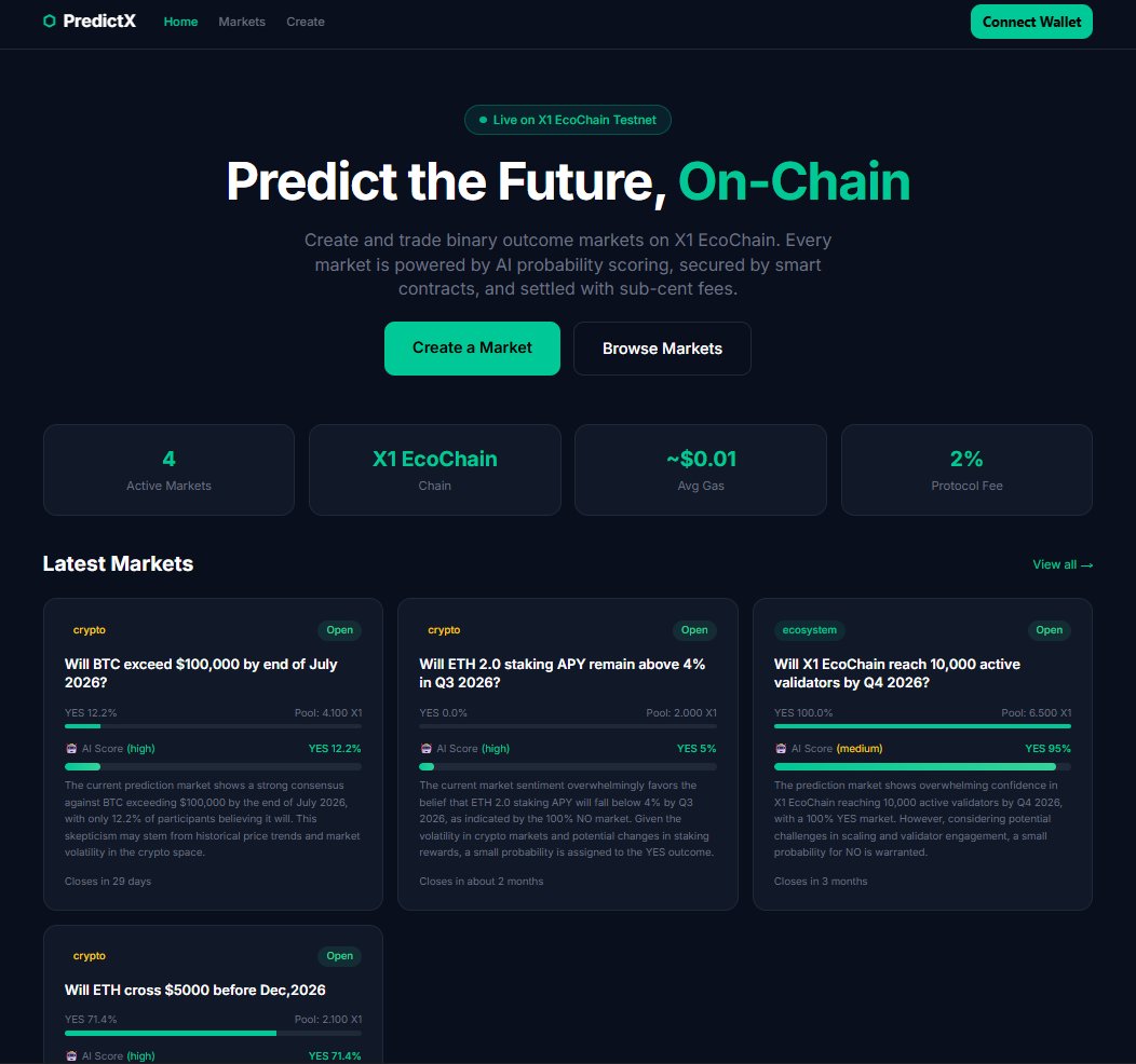 predict_x1's tweet photo. PredictX update — day 2 on X1 Maculatus testnet 
→ AI probability scores on every market 
→ On-chain bets on Testnet 
Over 10+ wallets tested in 48h 
Real txs, and someone already created a market. Building prediction markets on
@X1_EcoChain with sub-cent gas. https://t.co/w2msOTNwBM
