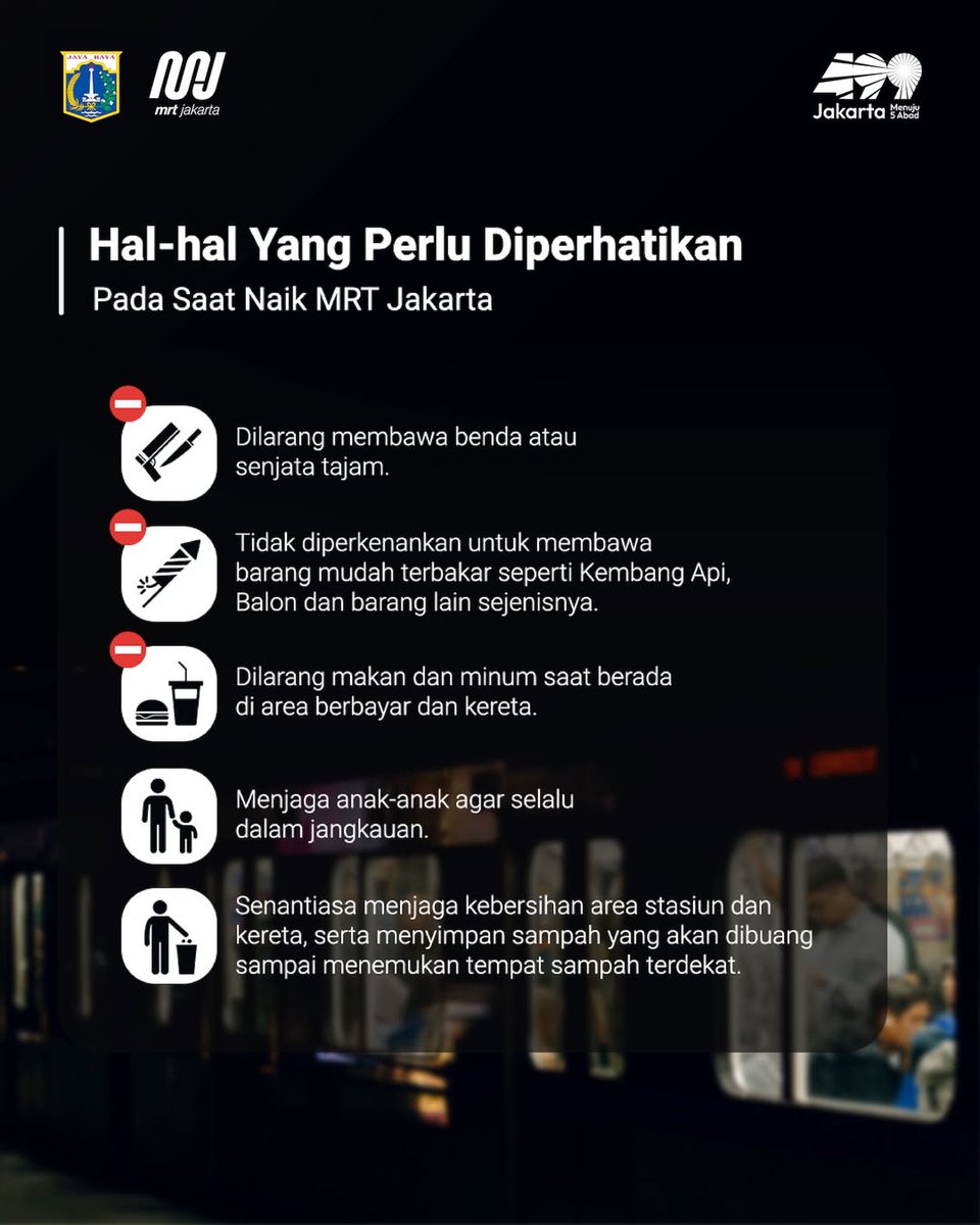 mrtjakarta's tweet photo. MRT Jakarta mendukung Jakarta International Marathon 2026

Sejalan dengan Surat Keputusan Kepala Dinas Perhubungan Provinsi DKI Jakarta Nomor e-0091 Tahun 2026 tentang Penyediaan Layanan Perkeretaapian Dalam Rangka Mendukung Event Jakarta International Marathon pada 13-14 Juni 2026, MRT Jakarta akan mulai beroperasi lebih awal yaitu pukul 04.00 WIB.

Tarif gratis berlaku khusus peserta Jakarta International Marathon di hari tersebut dengan menunjukan Body Identification Number (BIB) kepada Petugas di passenger gate stasiun.

#MRTJakarta 
#UbahJakarta