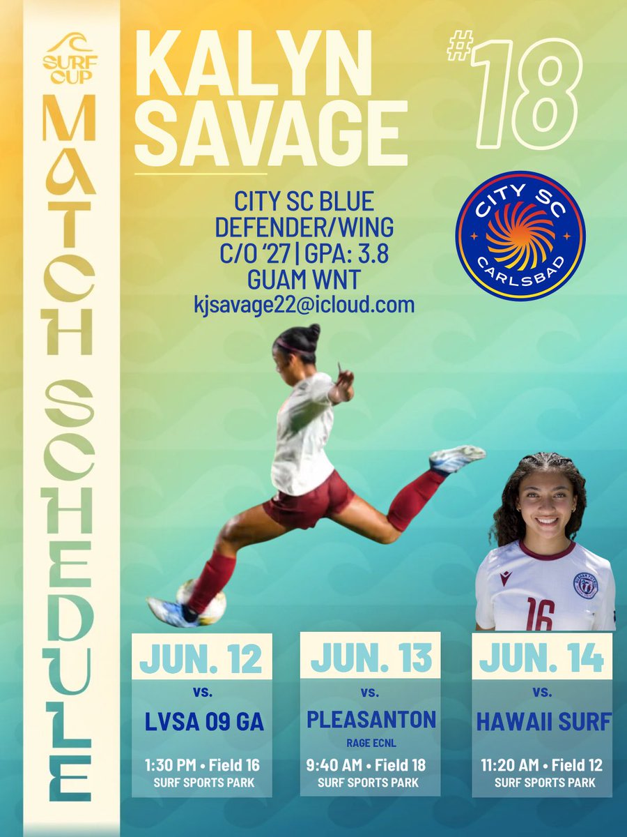 kjsavage22's tweet photo. 🌴 🏄‍♂️ SURF CUP * GAME #1 
1:30PM * FIELD 16 * 
SURF SPORTS PARK 
(POLO FIELDS) https://t.co/oSaFzmhhVC