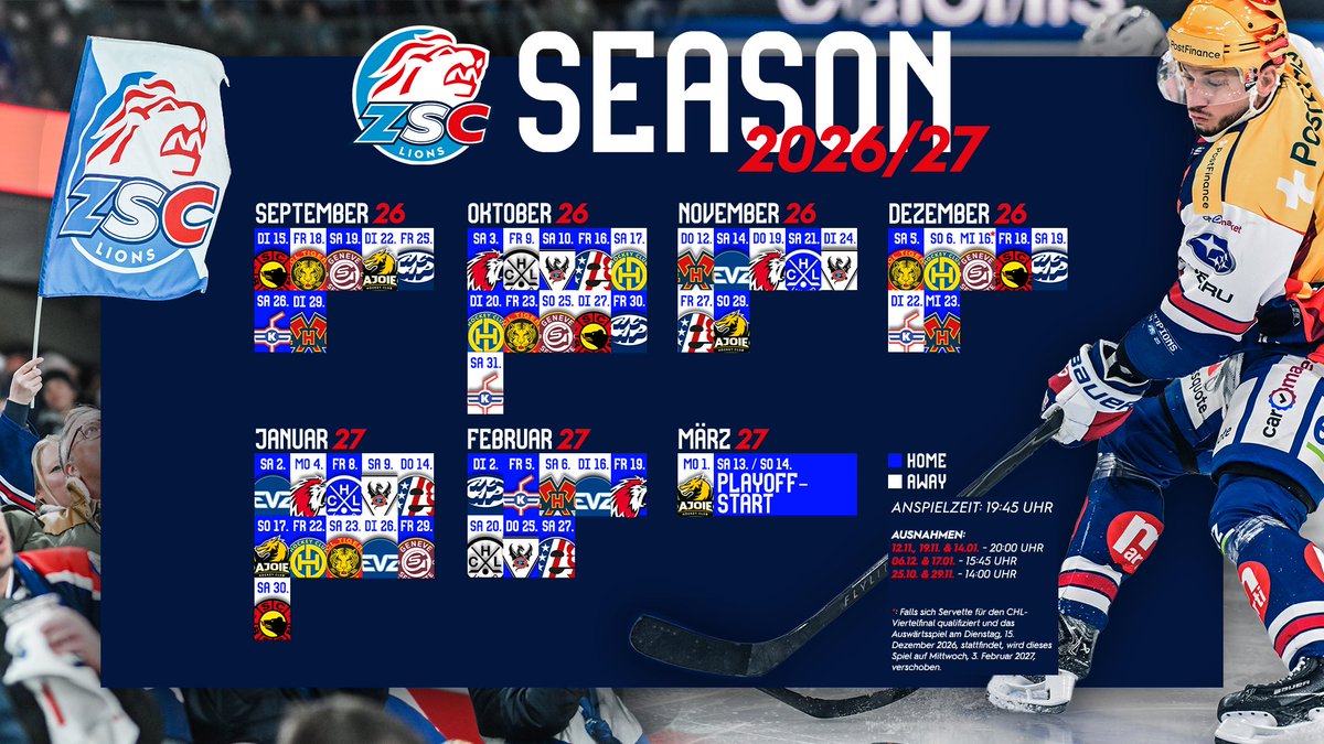 zsclions's tweet photo. Der Spielplan für die neue Meisterschaft ist da: Mit einem Heimspiel gegen den SC Bern starten die ZSC Lions am Dienstag, 15. September, in  die Saison 2026/27 der National League.

Alle Details hier👇
https://t.co/DLr77VrMHp https://t.co/q3jQkU7Tn4