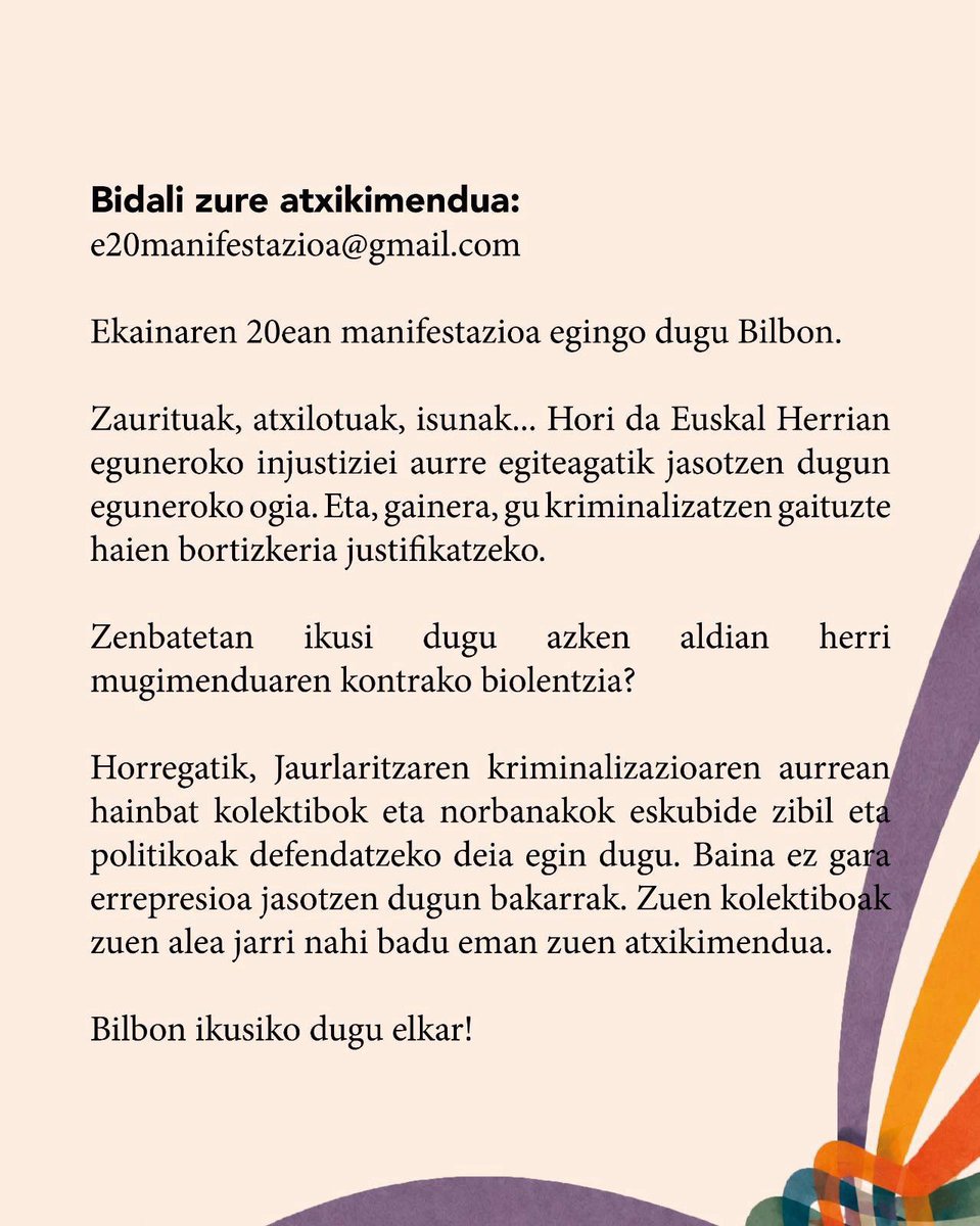 e20manifestazio's tweet photo. Atxikimendu asko ari gara jasotzen eta zinez eskertzen dugu horietako bakoitza. Erakusten digu salatzen dugun herri mugimenduaren aurkako jazarpenak aurpegi asko dituela

Seguru gaude gehiago zaretela kriminalizazioaren aurka ekimen honekin bat egin nahi duzuenak. Batu zaitezte! https://t.co/yp49yo0zur