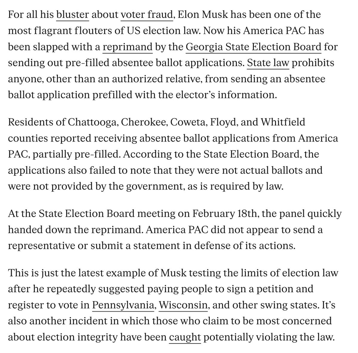 emptywheel's tweet photo. For some reason, all the wailing about voter fraud ignores that THE MOST PROMINENT recent culprit in voter fraud is an African immigrant named Elon Musk, whose alleged 2024 crimes @FBIDirectorKash seems to have no interest in investigating. 

Every story about raids should note this selective treatment.
https://t.co/8bF0YFPXlJ
