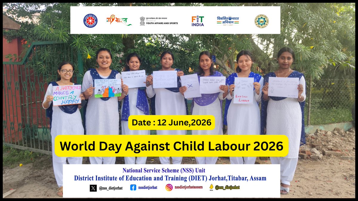 nss_dietjorhat's tweet photo. On the occasion of World Day Against Child Labour 2026,NSS Volunteers of DIET Jorhat actively participated in an awareness initiative by preparing slogans, posters,and display materials highlighting the importance of protecting children's rights and ensuring access to education. https://t.co/6YZJjpnTjx